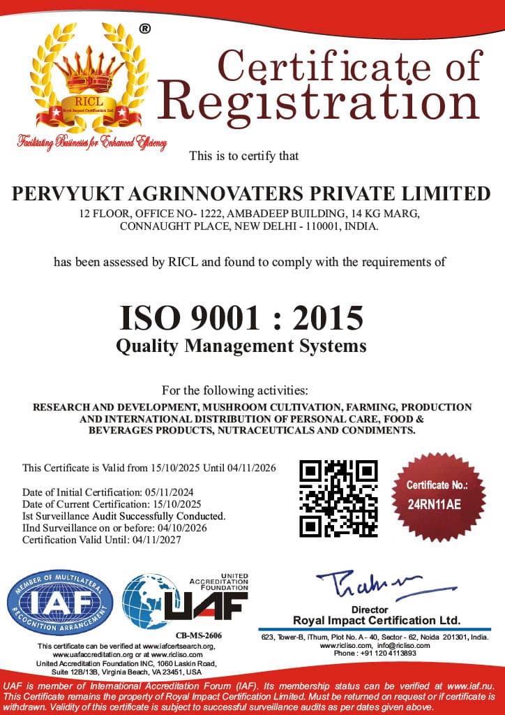 ISO 9001:2015 certificate of registration for Pervyukt Agrinnovaters Private Limited